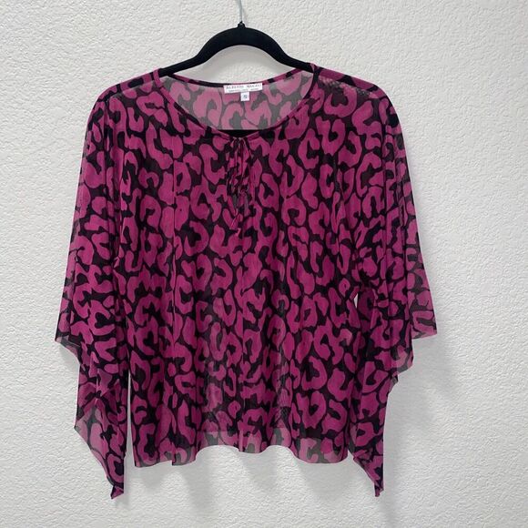 Alberto Makali Sheer Stretch Pink and Black Leopard Print Keyhole Blouse Small - Picture 1 of 7